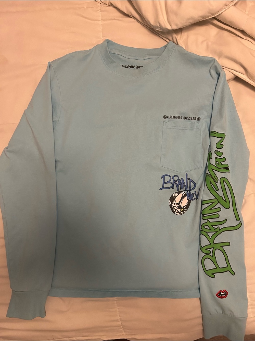 Chrome Hearts Kids Light Blue Long Sleeve Tee with Green Sleeve Script